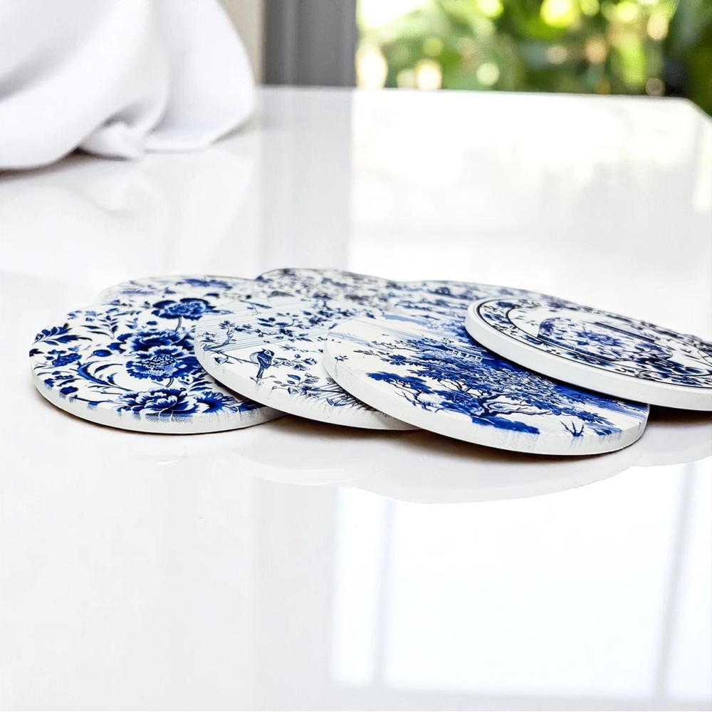Chinoiserie Coasters, Blue & White Botanical Print Coasters Kitchen Set of 2 - Picture 5 of 8